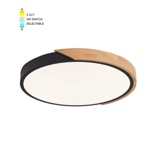 LED CEILING ROUND LIGHTING FIXTURE FINESSE R2-45 φ500*H50 45W 3xCCT-DIP SWITCH BLACK+WOOD 2026230 VITO